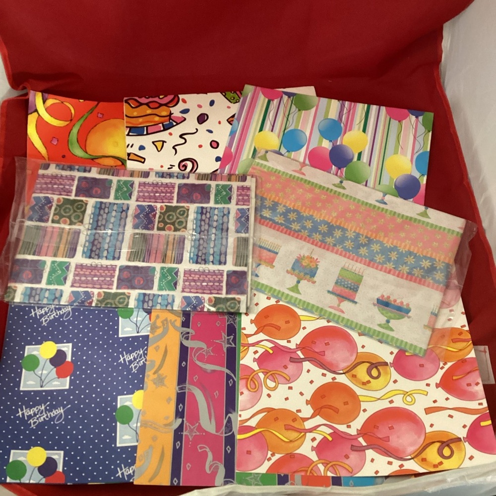 Various sizes of birthday themed wrapping papers for junk journal